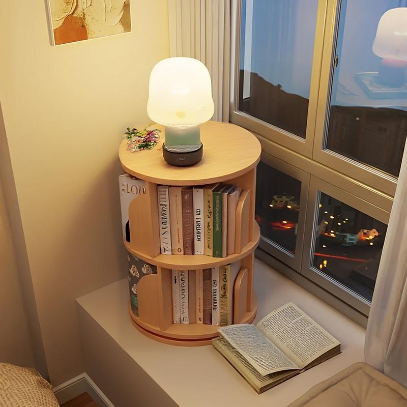 Rotating bookshelf from natural wood, round storage system for bed, table bookcase