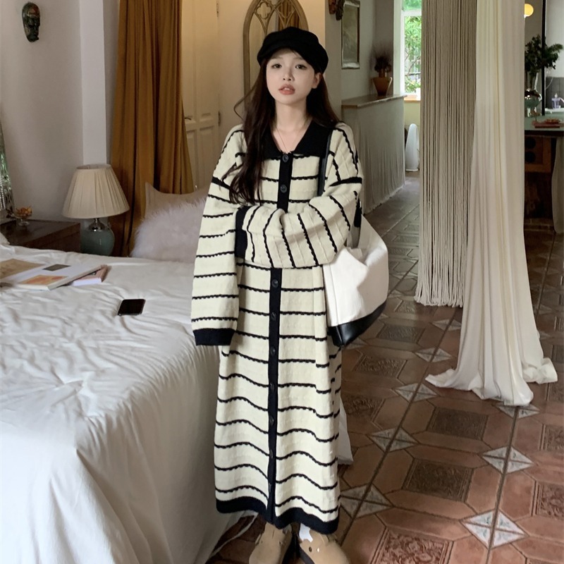 实拍~慵懒风日系复古毛衣开衫秋冬新款宽松长款过膝连衣裙女89533|undefined