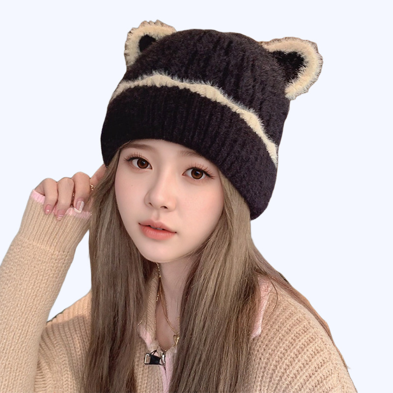 冬季新款熊猫耳朵针织帽女韩版软萌可爱日系时尚护耳保暖毛线帽子|undefined