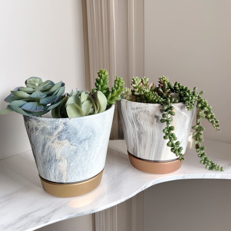 Scandinavian Flower Pot Ceramic Round Modern Simple Literary Stylish Indoor Accessible Luxury Ceramic Marble Flower Pot with Gold Holder