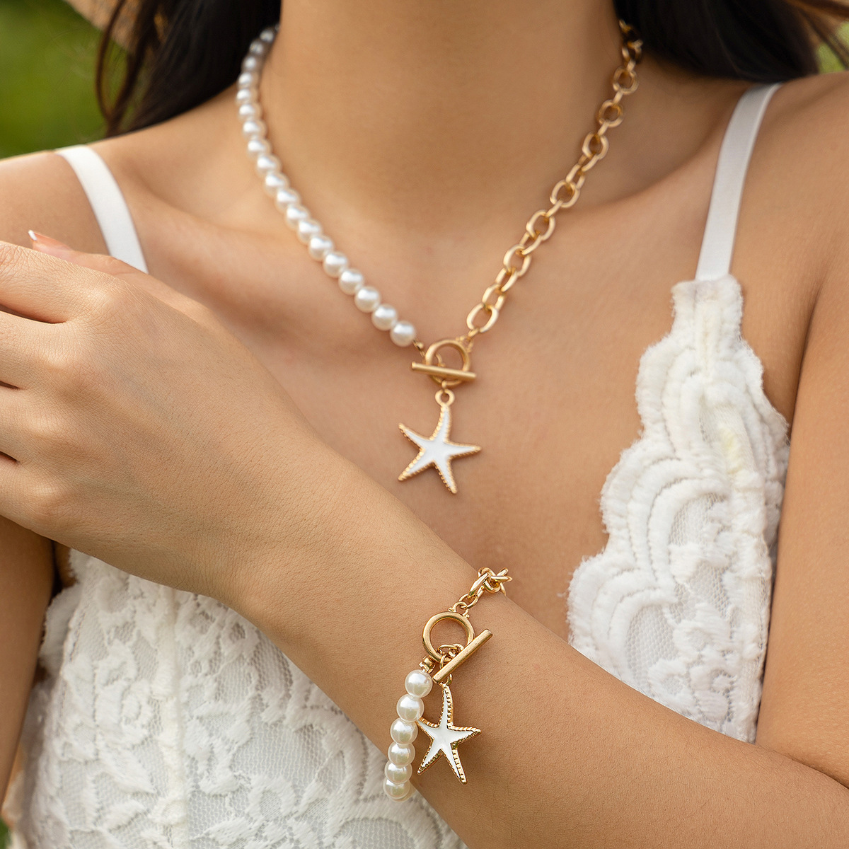 Set gioielli donna collana croce stella e perle sintetiche_voghion.com