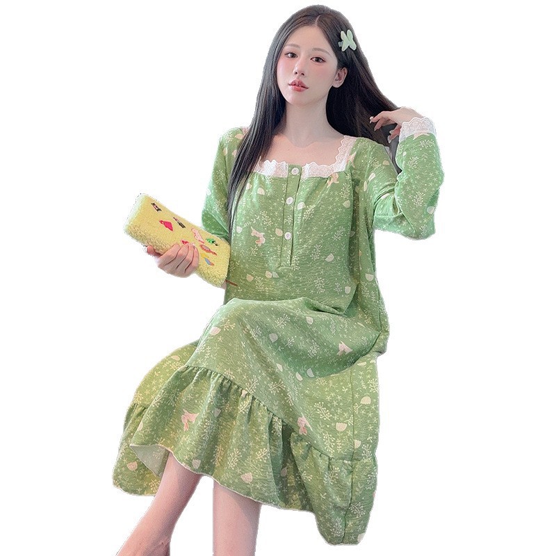云朵棉睡衣女春秋季带胸垫长袖睡裙韩系碎花卡通大码家居服可外穿|undefined