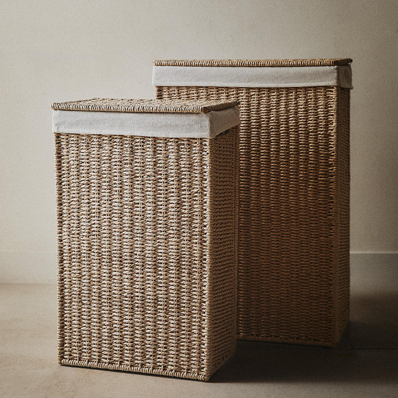 Amazon con cubierta cesto de lavandería plegable cuerdas de papel trenzando cesto de ropa sucia gran capacidad de ropa trenzada a mano cesto de almacenamiento