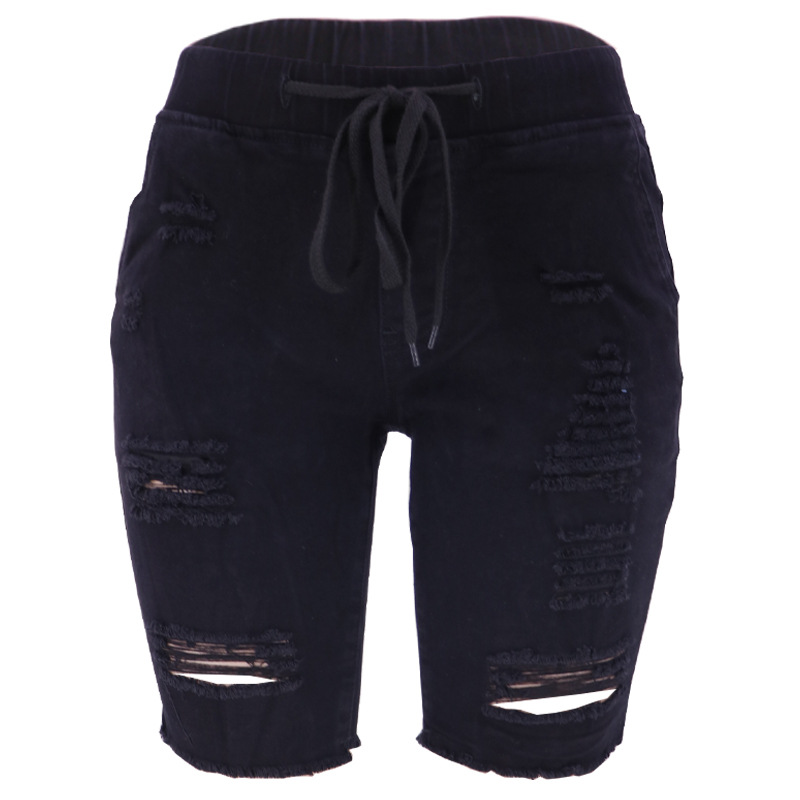 Shorts de Mezclilla Azul de Lavado Medio, Elásticos, de Cintura Media, Rotos, Estilo Europeo y Americano, Primavera 2025