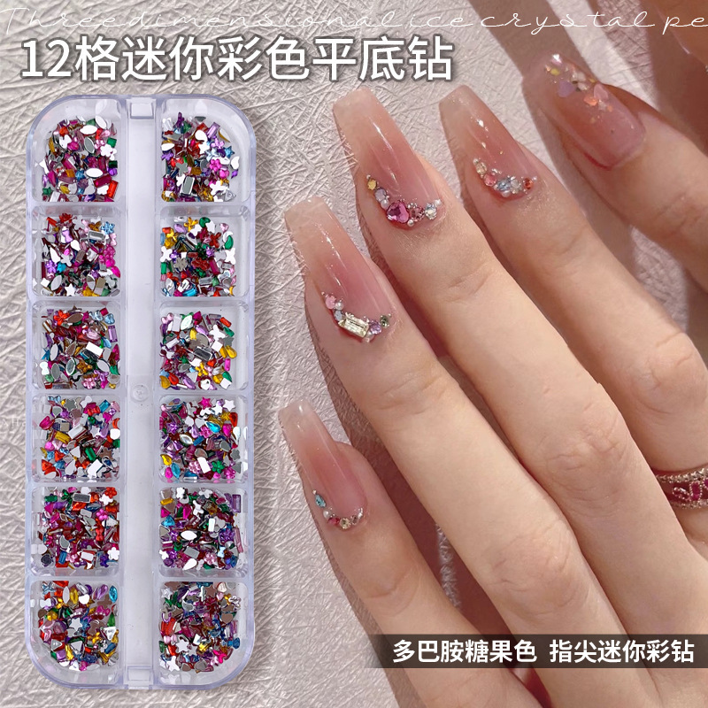 12-compartment mini flat-bottomed nail art rhinestones, super shiny dopamine candy-colored mixed special-shaped rhinestones in a box, nail art accessories 12-compartment mini flat-bottomed nail art rhinestones, super shiny dopamine candy-colored mixed special-shaped rhinestones in a box, nail art accessories