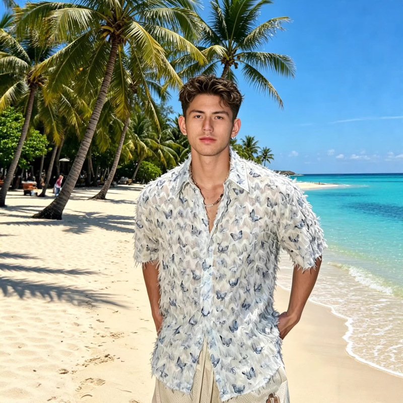 Men's Niche Micro-transparent Butterfly Short-sleeved Shirt T-shirt Foreign Trade Men's Short-sleeved Seaside Vacation Top Men's Summer