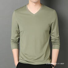 桑蚕冰感t恤男v领长袖中年冰丝春秋薄款男装爸爸秋装上衣打底秋衣