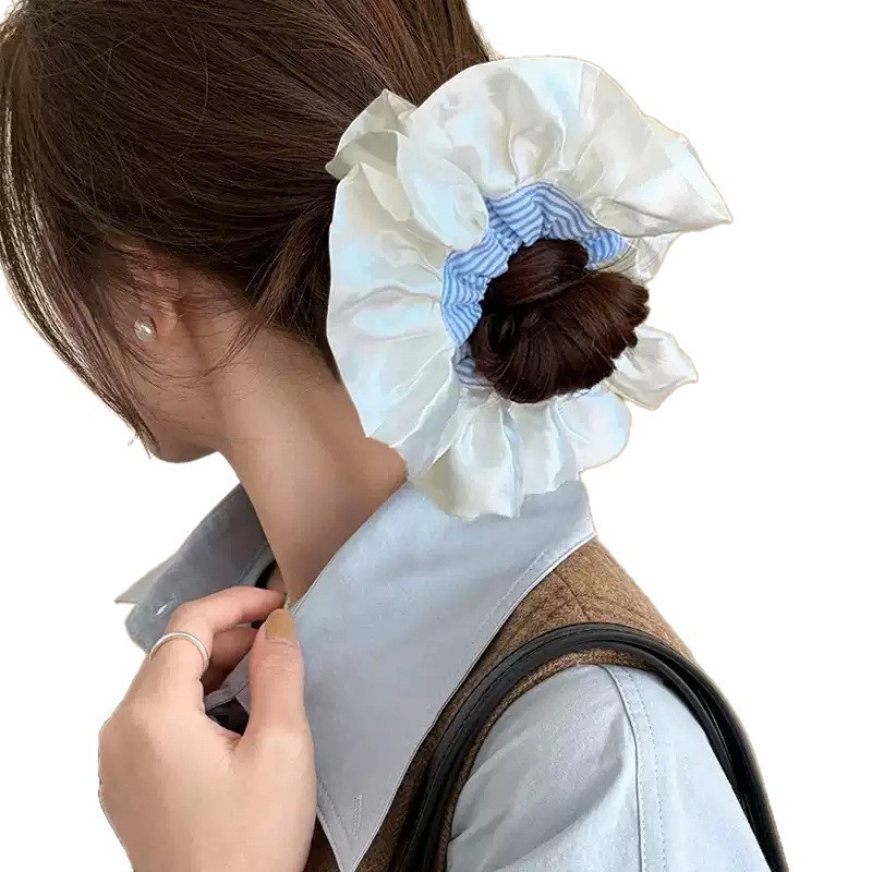 高品質の大きなレースのヘアゴム、クリーム風サテンブルーストライプバレエ風ヘアゴム、ボールヘッドドレス|undefined