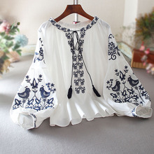 欧洲站时尚民族风灯笼袖棉麻长袖重工刺绣宽松休闲衬衫女秋季上衣