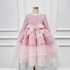 外贸女童长袖礼服2026新款丝绒亮片可爱蛋糕公主裙派对生日小礼服