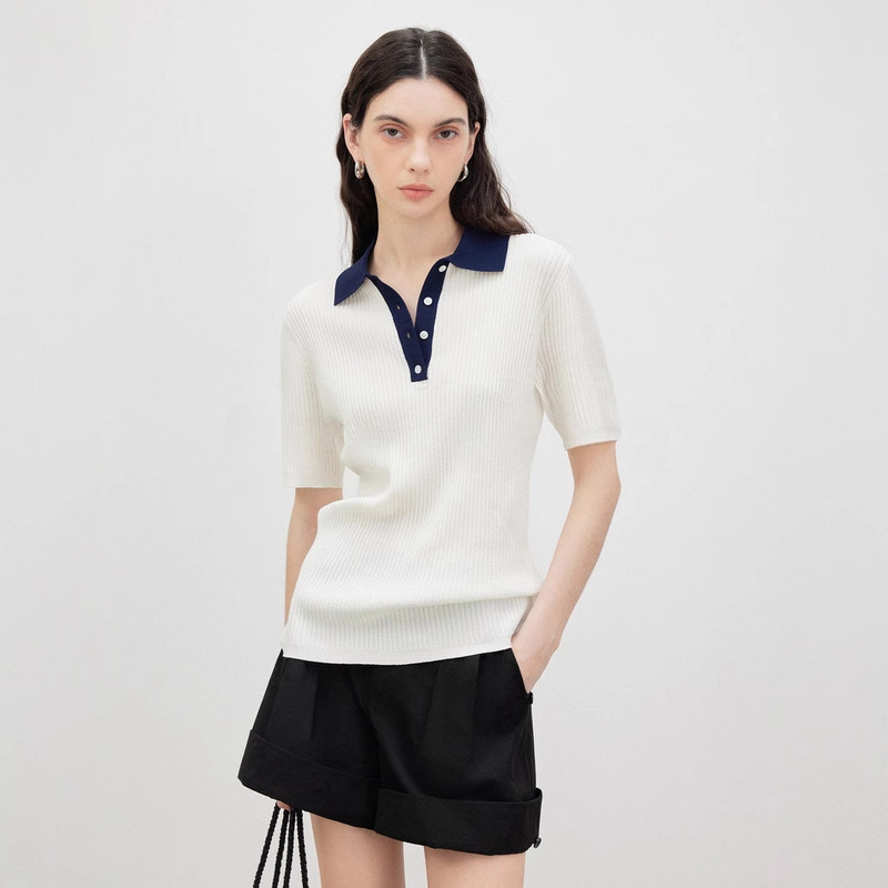 Mun/Fashionable Old Money Miu Style Contrasting Fake Two-Piece Polo Collar Silk Wool Short-Sleeved Knitted Top