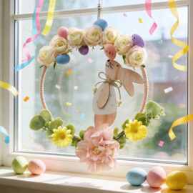 跨境新款仿真花环复活节装饰彩蛋藤圈门挂家居户外春季花圈摆件