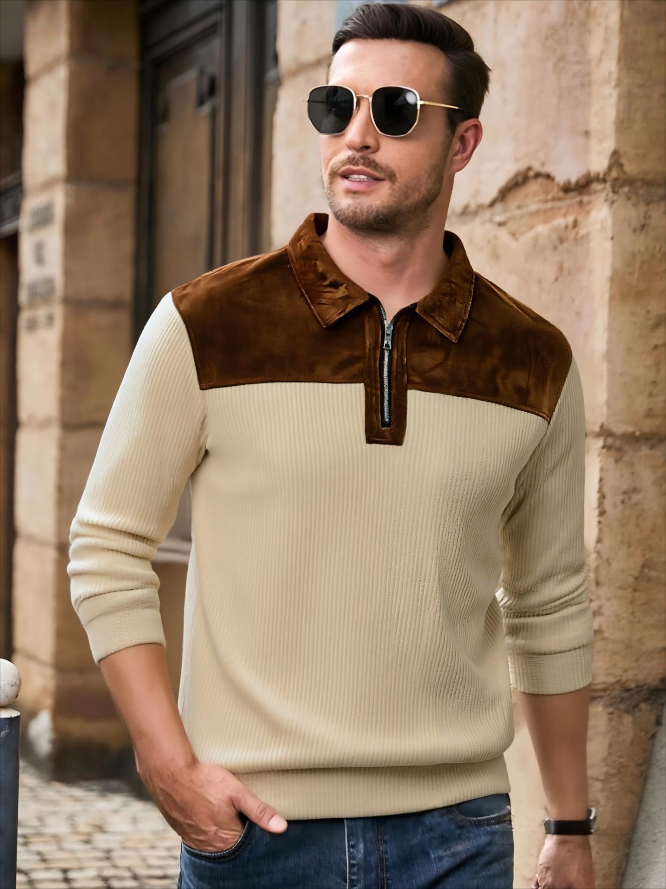 Men's Suede Patchwork Knit Sweater Zip up Long Sleeve Casual T-Shirt Breathable Spring Autumn White Polyester Outdoor Polo_voghion.com