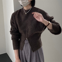 秋冬新款圆领长袖软糯下摆开叉设计感小个套衫女气质休闲上衣外穿