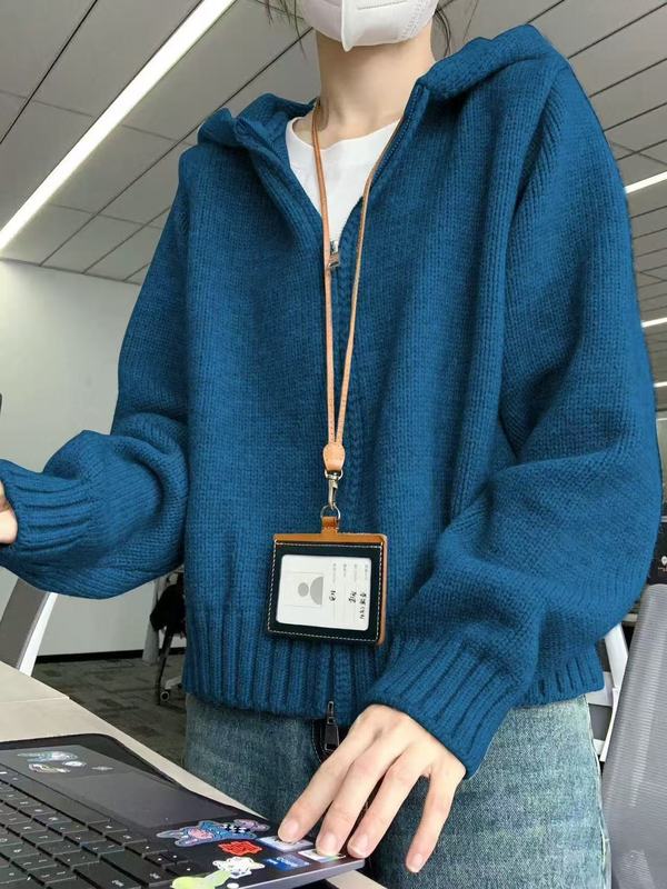 100%羊毛衫女秋冬连帽慵懒宽松双拉链针织衫毛衣外套短款开衫上衣|undefined
