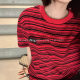 Nanyou high version ~ spring/summer 2025 new m pocket logo patch black and white striped crew neck short sleeve t-shirt women