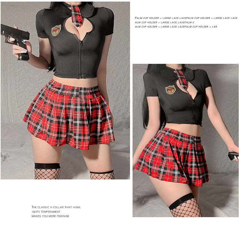 British College Style Student Uniform Costume Set with Plaid Skirt, Tie and Stockings — detail image 11