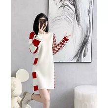 外贸出口意大利大牌秋冬季女装小香风红色直筒打底针织连衣裙