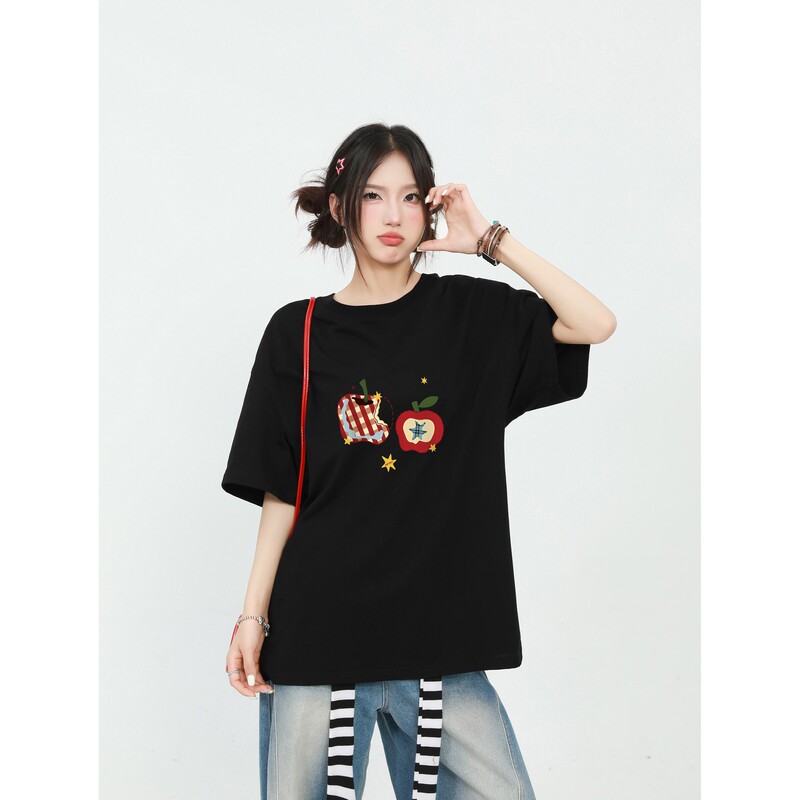 Short-Sleeved T-Shirt for Women, American-Style Black Pure Cotton Round Neck Summer New Casual Niche Versatile Top for Middle School, High School, and College Students