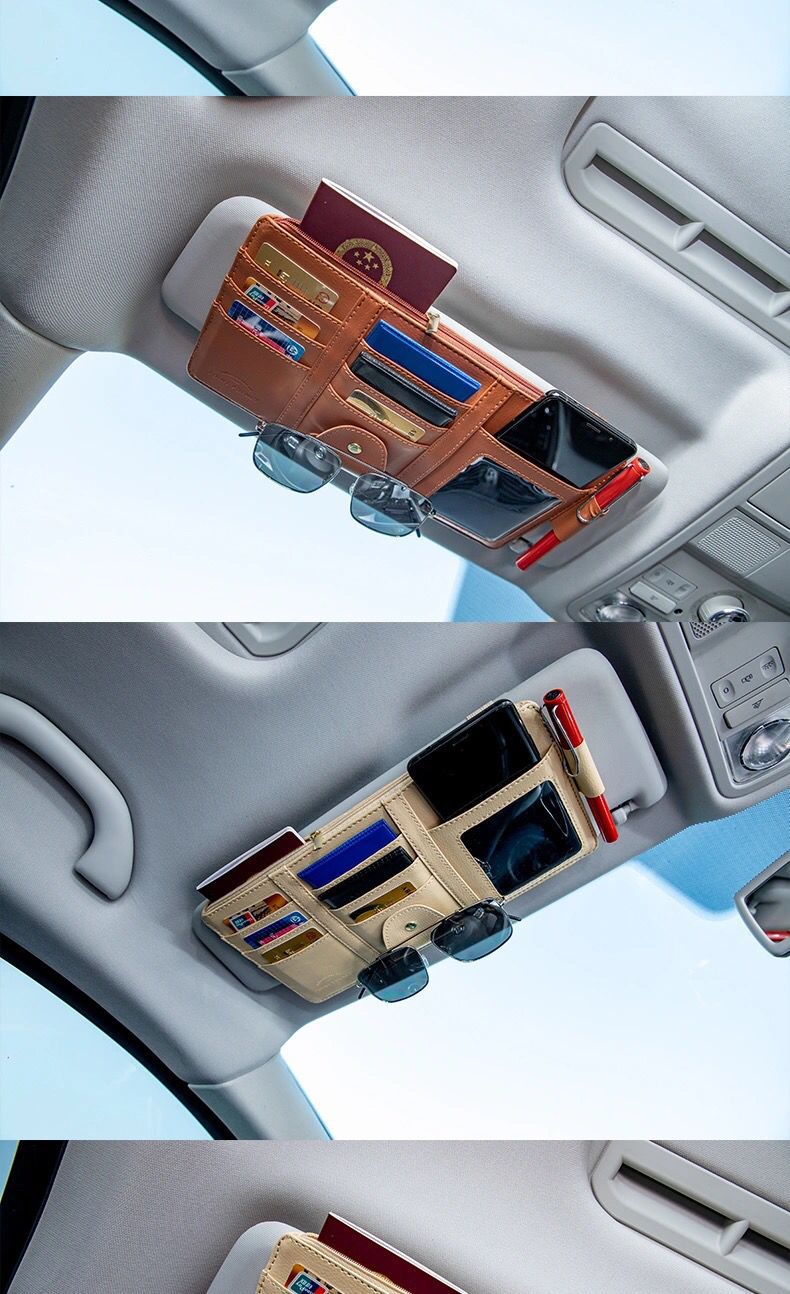 Car-Mounted Storage Double Zipper Bag Sun Visor Cover Multifunctional Driver's License and Ticket Card Holder Storage Set with Eye Clip