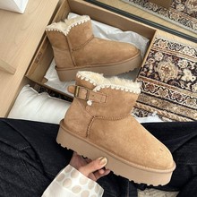 桑坡羊皮毛一体厚底雪地靴女冬季加绒防寒保暖手缝线皮带扣棉靴子