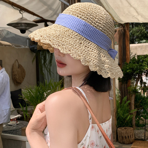 日系甜美蓝色蝴蝶结草帽女夏季沙滩海边度假风镂空遮阳防晒帽子