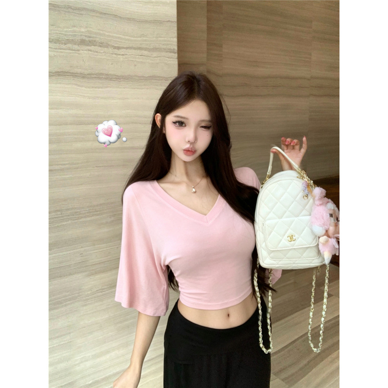 Xin Keda'Airport Set' Summer Lazy Style V-Neck Waist-Cinching Batwing Sleeve T-Shirt Women's Top Lazy Style Set
