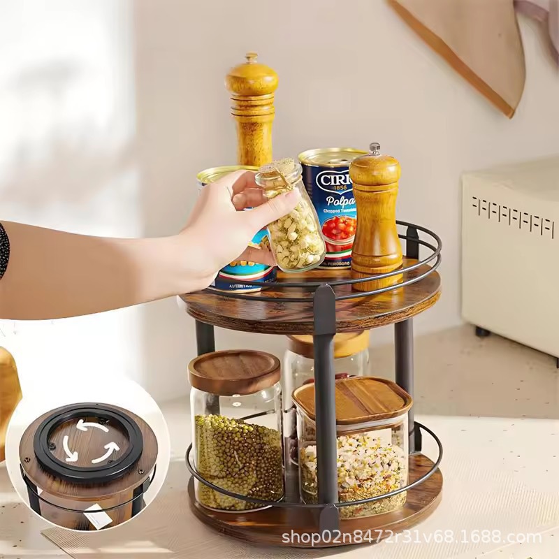 Wooden rotatable kitchen seasoning jar sorting rack Double-layer oil, salt, sauce, vinegar storage rack Coffee, milk, tea, storage rack