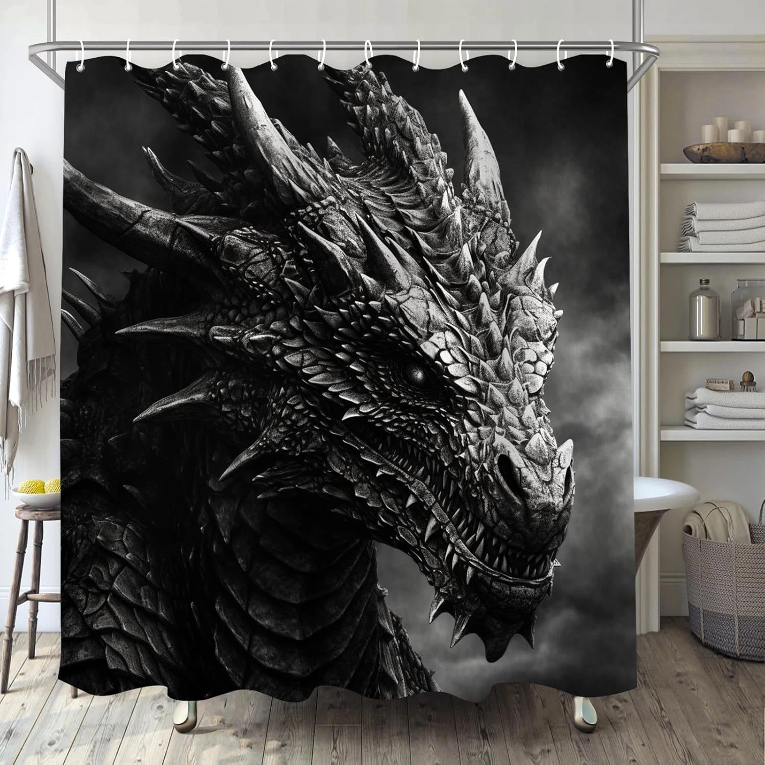 Cross-Border Shower Curtain Dragon-Shaped Black and White Bohemian Style Bathroom Decoration Shower Curtain Digital Printing Toilet Partition Curtain