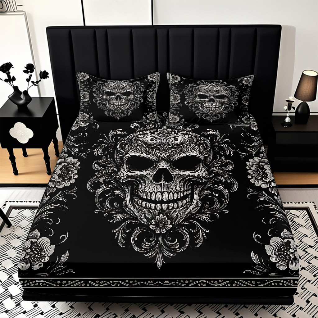 TEMU / JIT abrasión cama Kits cráneo patrón de impresión digital HD ropa de cama para diseñar