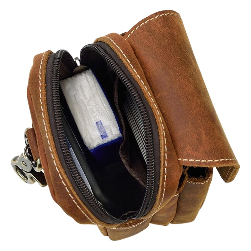 Men's Retro Genuine Leather Waist Bag Crazy Horse Leather Double Layer Belt Hanging Bag First Layer Cowhide Mobile Phone Waist Bag Drop Shipping