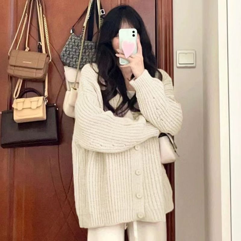 粉色毛衣开衫女入秋外套外穿温柔慵懒风甜美宽松网红粗针针织衫潮|undefined