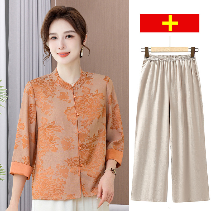 Mother's Spring and Summer suit Shirt 2025 New Middle-aged Women's Seven-sleeve Summer Western Style Shirt Two-piece Set