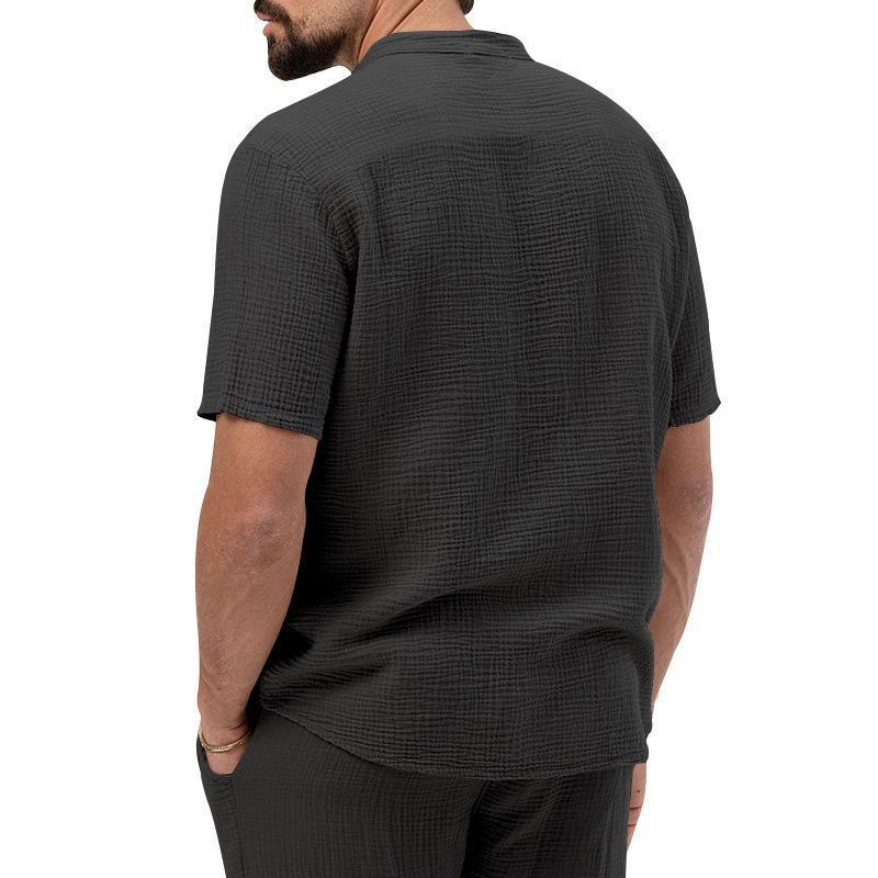Men's Casual 3-Piece Outfit, Short Sleeve T-Shirt & Shirt With Trousers, Solid Color Summer Lounge Set_viptrois.com