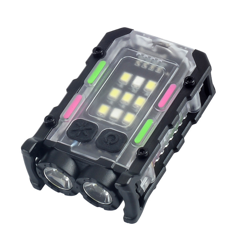 Lámpara de llavero transfronteriza, fuente de luz doble para exteriores, luz fuerte, mini linterna, lámpara de clip de sombrero, trabajo de autodefensa, luz de advertencia roja y azul