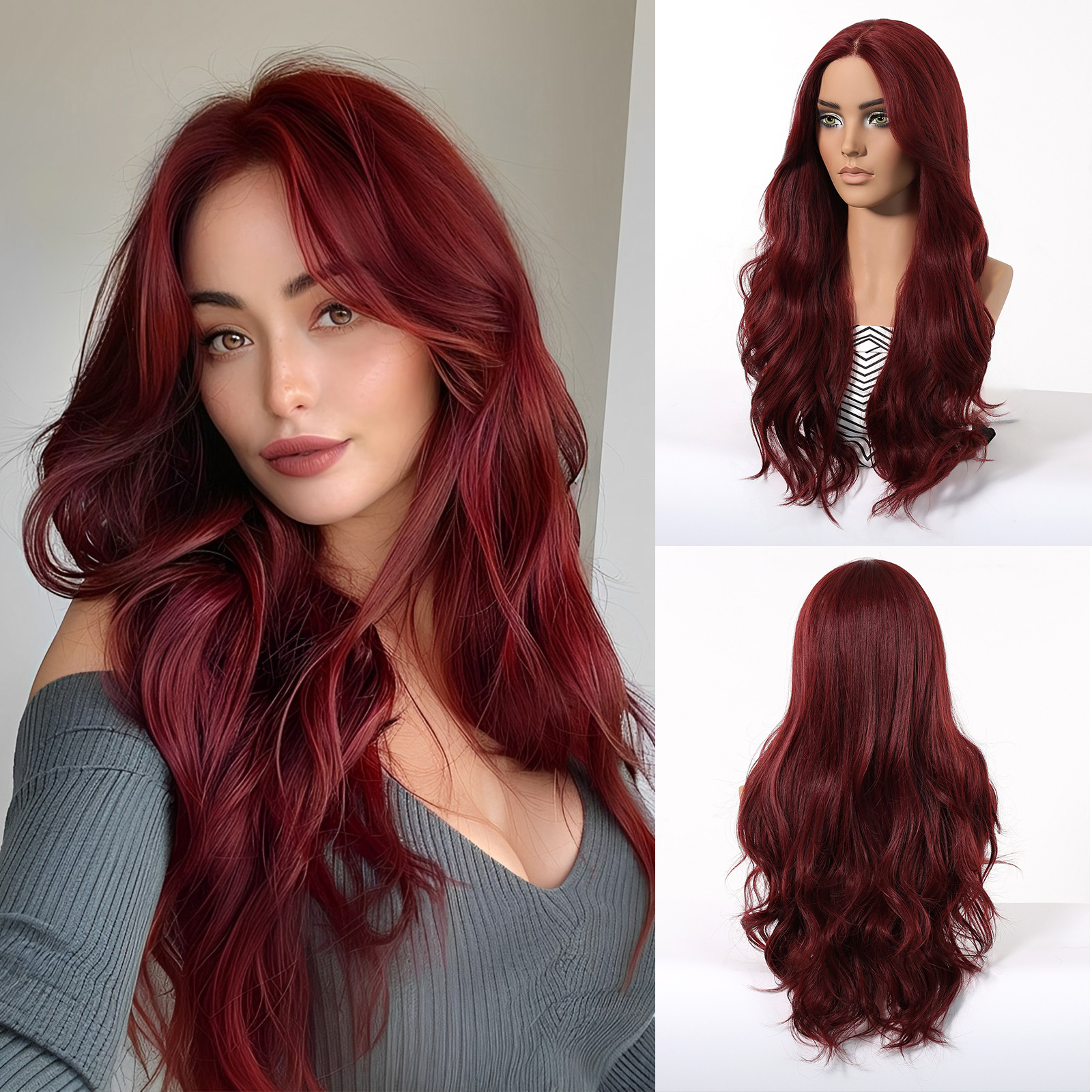 Fábrica en stock europeo y americano cabeza completa cubierta medio gradiente rojo grande onda larga Pelo Rizado pequeño T importado peluca del cordón para las mujeres