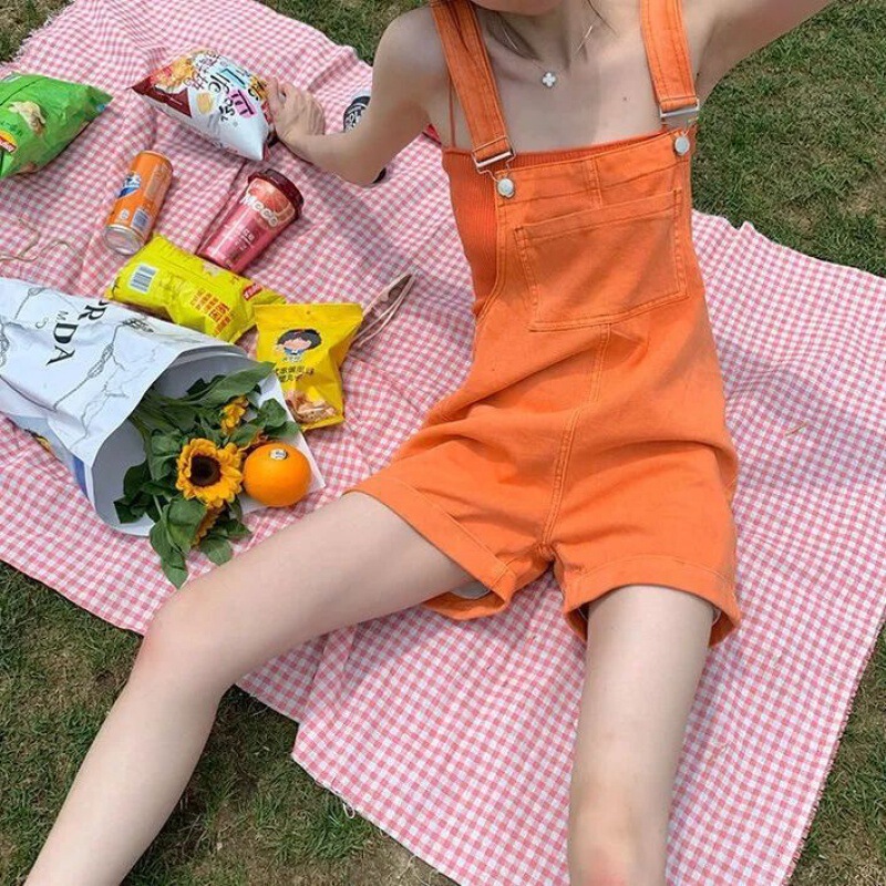 Gongyu Weng Sweet Summer Vigilant Orange Denim Strap Shorts Women's Thin Foreign-style Little Student Jumpsuit Gongyu Weng Sweet Summer Vigilant Orange Denim Strap Shorts Women's Thin Foreign-style Little Student Jumpsuit