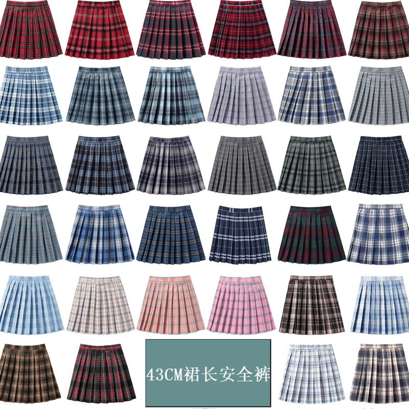 (43cm Skirt Length with Safety Pants) Anti-Exposure Pleated Sweet Student Versatile Plaid Short Half-High Waist Skirt for Women