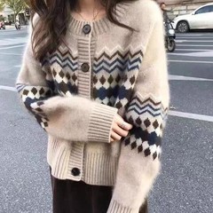 100纯羊毛开衫女新款秋冬圆领提花针织羊绒毛衣宽松短款女装上衣