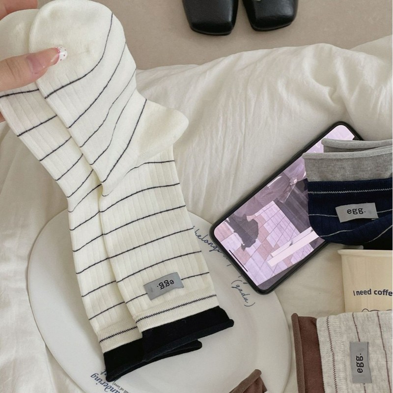 双罗口egg布标袜子女学院风百搭字母堆堆袜ins韩系简约条纹撞色|undefined