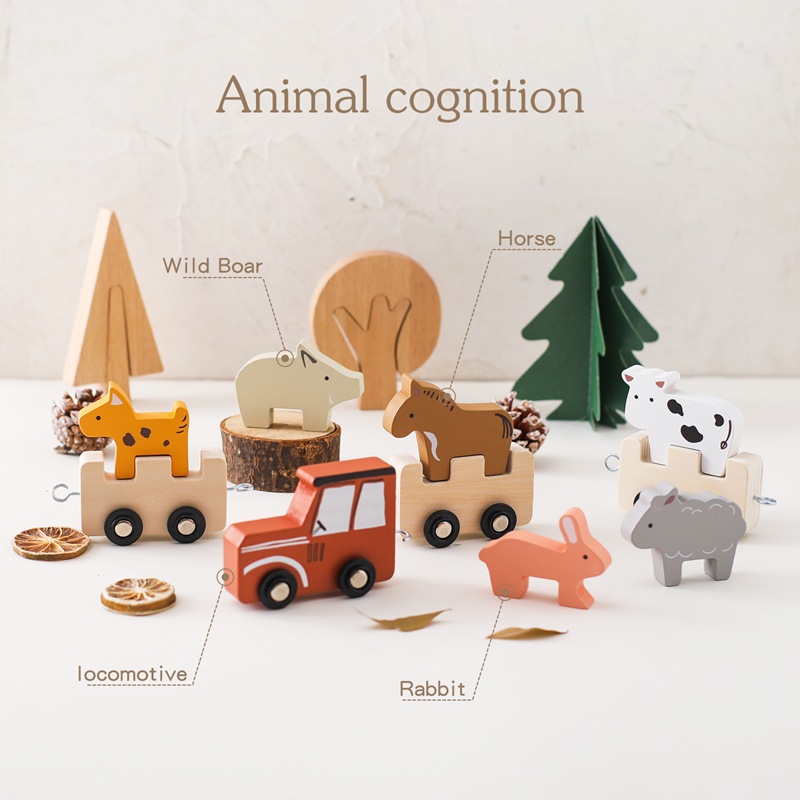Tren de animales de granja de madera para niños, juguetes cognitivos apilados de iluminación para bebés, juguetes educativos, tren de cumpleaños
