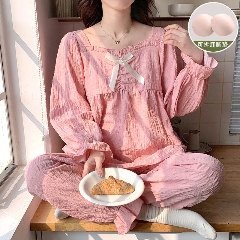 带胸垫云朵棉睡衣女春秋款长袖甜美公主风2025新款夏季家居服套装|undefined