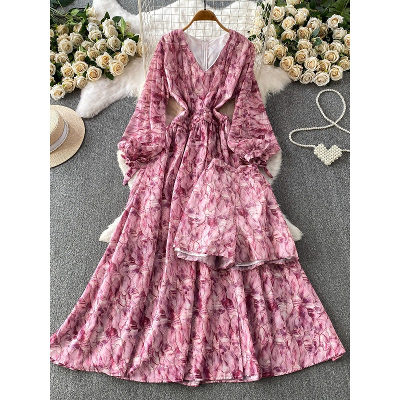 Women's French Style Chiffon Floral Print Dress Summer Korean Tie Waist Long Sleeve Slimming Maxi Dress Perfect With Leggings_ecoleips.com