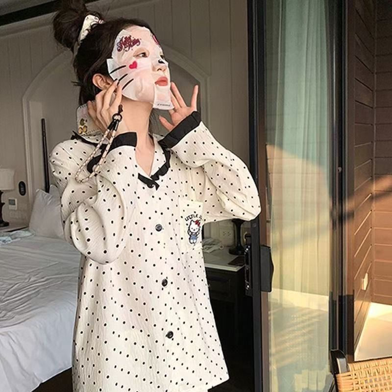 Nuevo pijama de gatito de lunares dulces para mujer primavera y otoño lindo traje de manga larga de encaje para niña