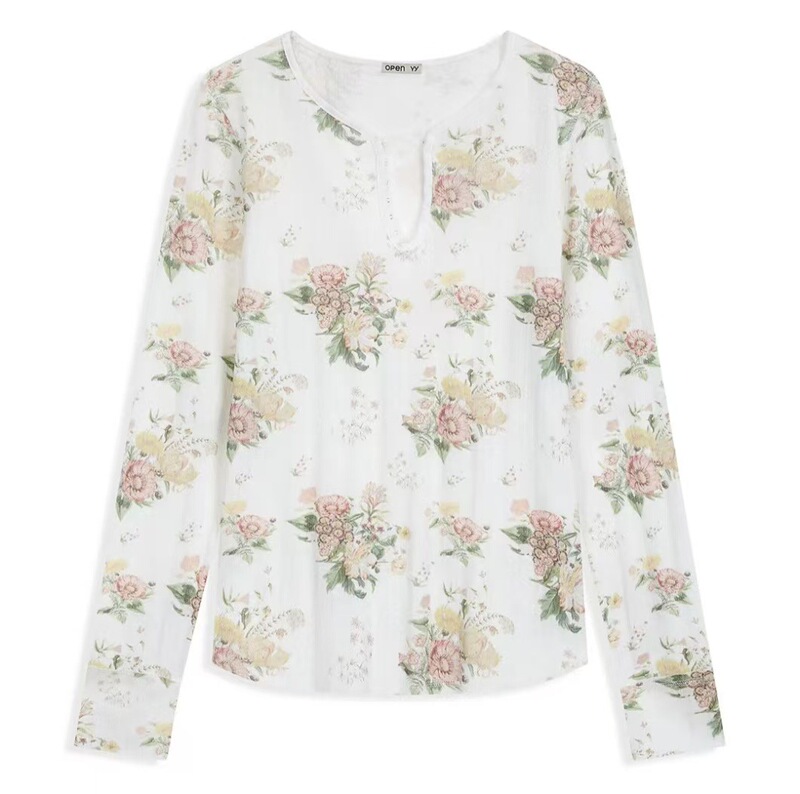 Yb Custom-Dyed White Fabric 26 Early Spring New Openyy Floral Crochet Henry Collar Long-Sleeve T-Shirt Base Shirt for Women