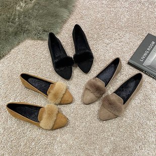 2024 Autumn New Korean Style Flat Heel Pointed Toe Shoes Women's Shallow Mouth Suede Fur Shoes Fashionable Beanie Shoes
