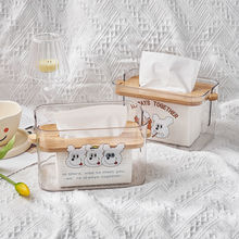 竹盖PET透明升降纸巾盒日式家居木质客厅萌宠卡通餐巾抽纸盒