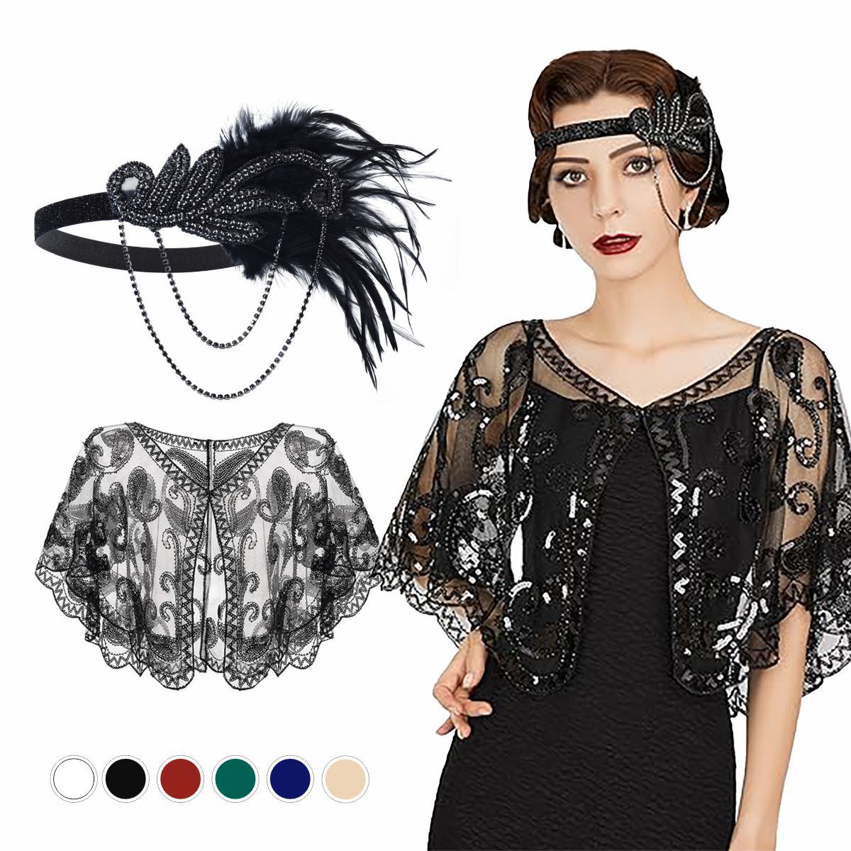 Accesorios de chal correa de cabello correa de cabello joyas de ropa damas 1920s cuentas de sequillas chal plumas toque