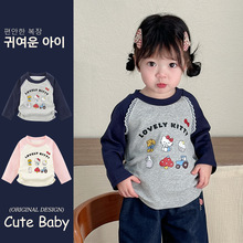 女童2026春季洋气拼色长袖T恤打底衫宝宝kt印花休闲卡通上衣5719