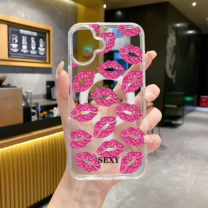 Foreign Trade New Lapstick Print magsafe Transparent Shell Apple 15 Large Hole Acrylic Suitable for iPhone16 Anti-drop